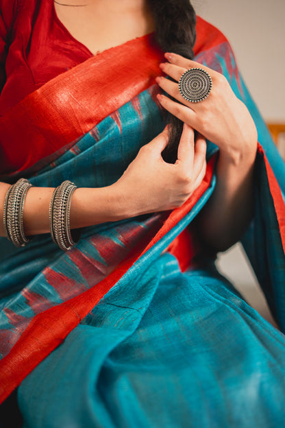 Peacock Blue Tussar Silk Saree with Red Border | Atulya Karigari