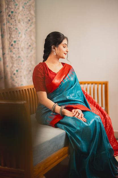 Peacock Blue Tussar Silk Saree with Red Border | Atulya Karigari