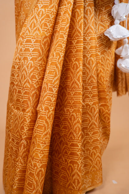 Yellow Handwoven Pure Matka Silk Saree with Hand Block Print - Atulyakarigari