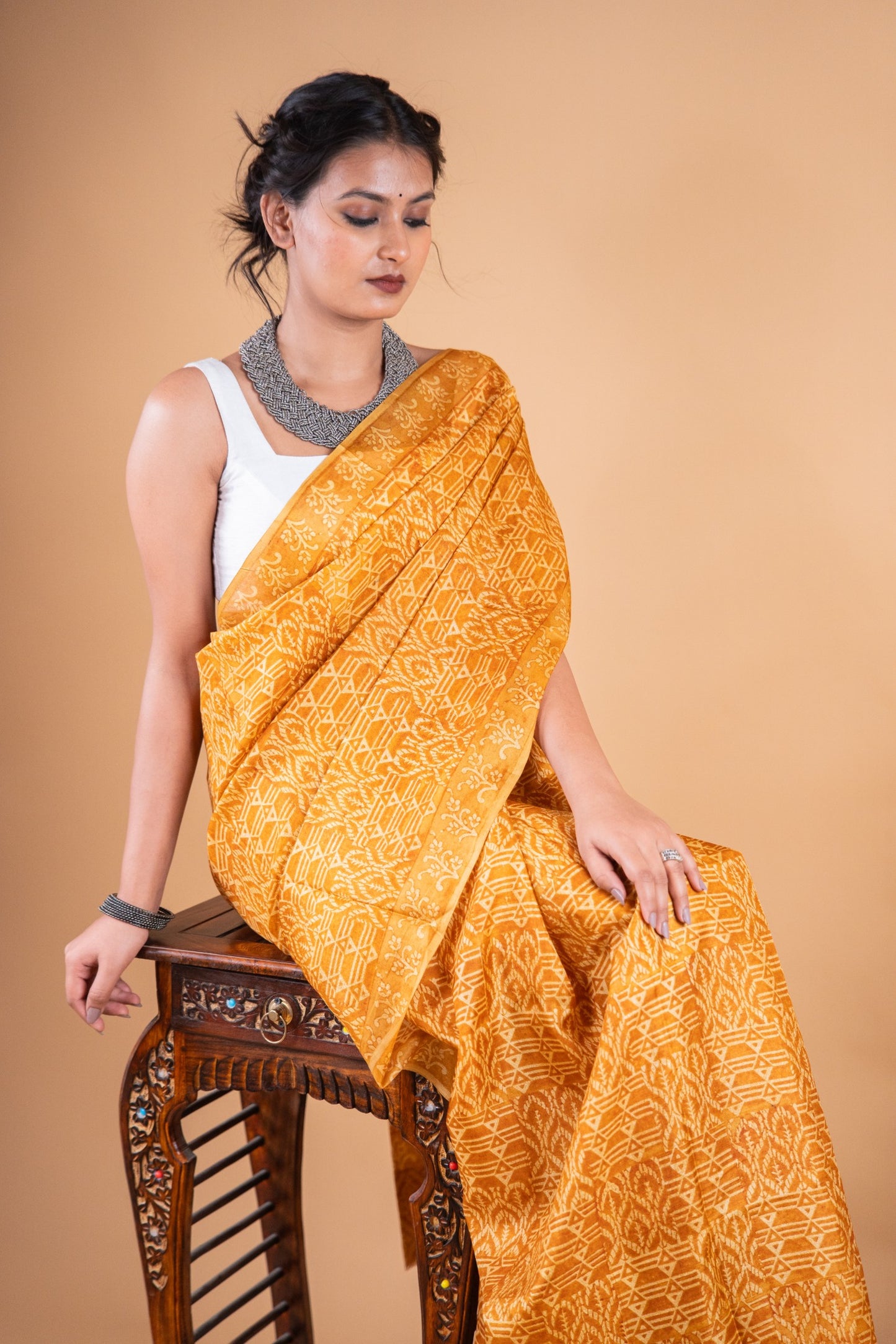 Yellow Handwoven Pure Matka Silk Saree with Hand Block Print - Atulyakarigari