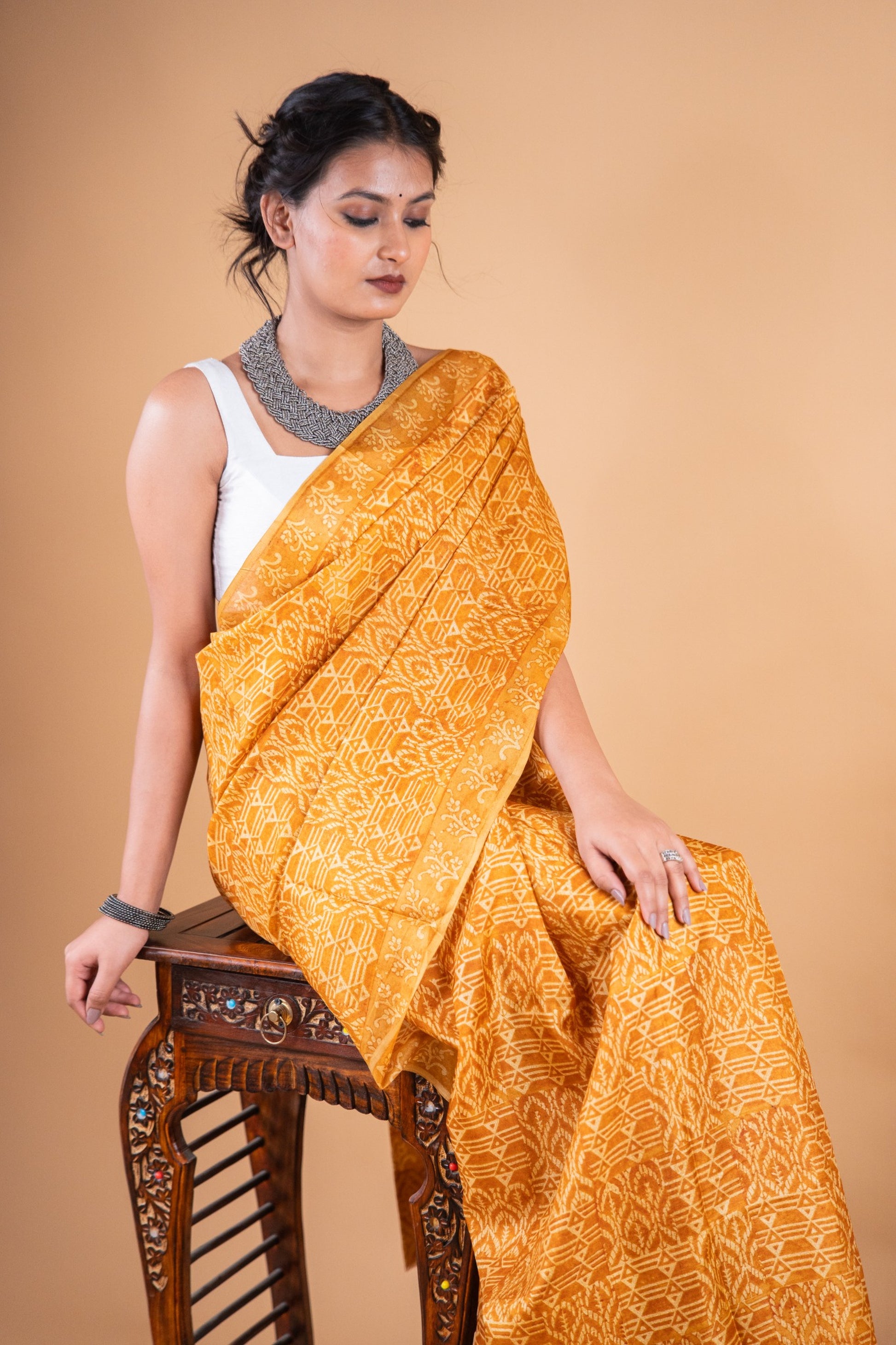 Yellow Handwoven Pure Matka Silk Saree with Hand Block Print - Atulyakarigari