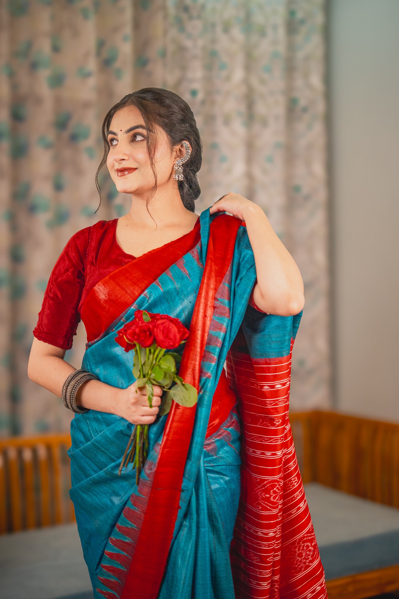 Peacock Blue Tussar Silk Saree with Red Border | Atulya Karigari