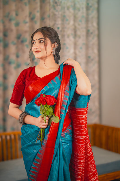 Peacock Blue Tussar Silk Saree with Red Border | Atulya Karigari