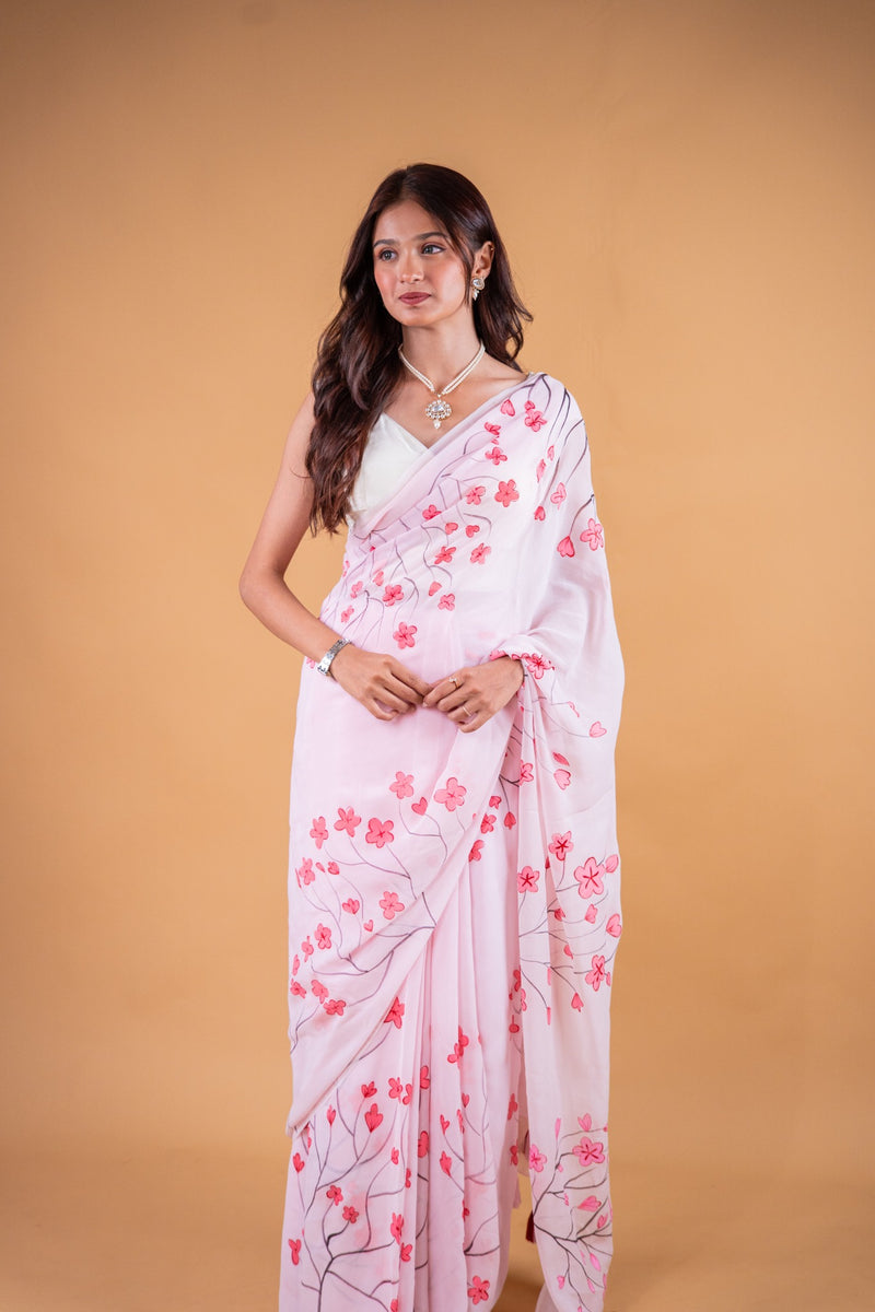 Powder Pink Hand-Painted Georgette Saree - Atulyakarigari