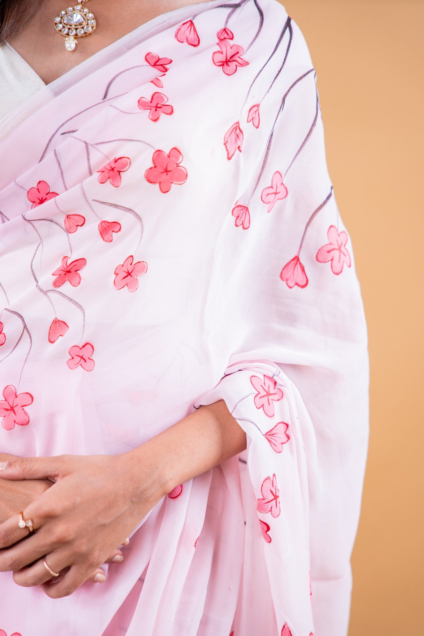 Powder Pink Hand-Painted Georgette Saree - Atulyakarigari