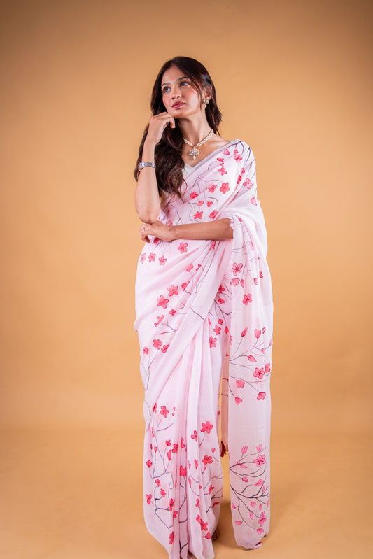 Powder Pink Hand-Painted Georgette Saree - Atulyakarigari