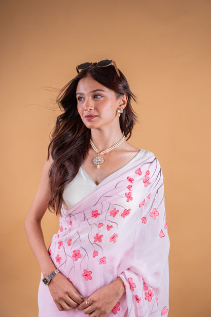 Powder Pink Hand-Painted Georgette Saree - Atulyakarigari