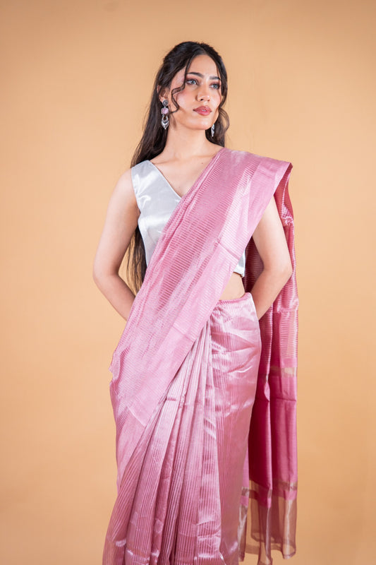 Pink Handwoven Pure Tissue Silk Saree with Zari Stripes - Atulyakarigari