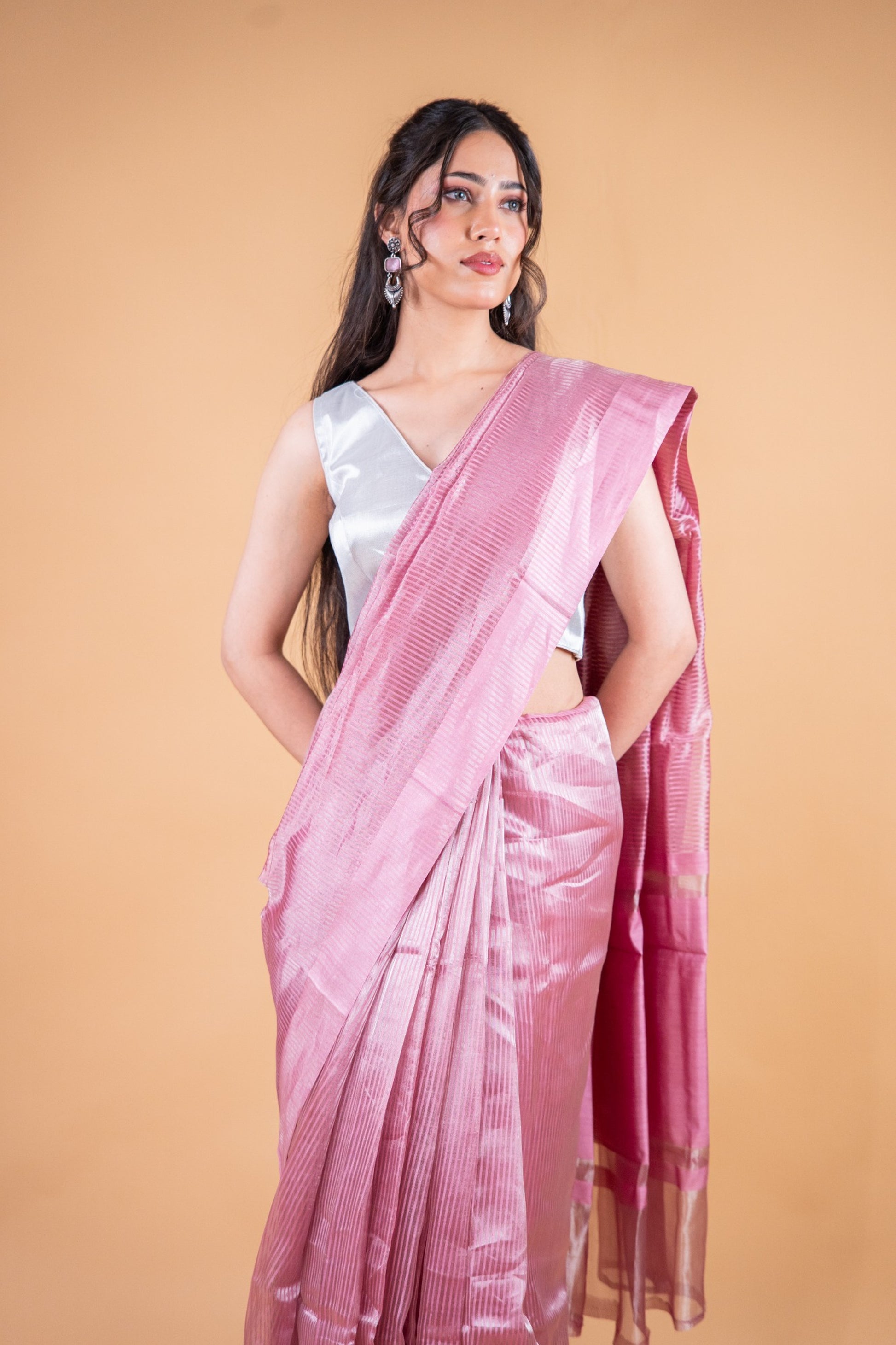 Pink Handwoven Pure Tissue Silk Saree with Zari Stripes - Atulyakarigari