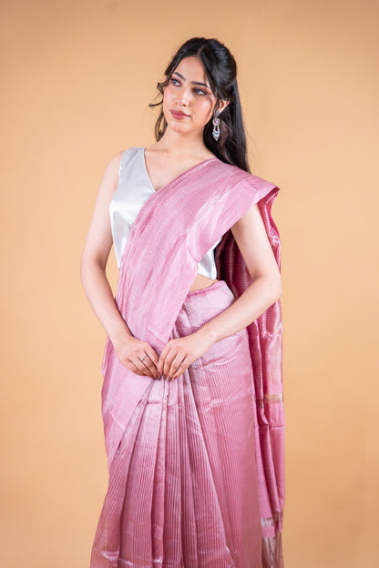 Pink Handwoven Pure Tissue Silk Saree with Zari Stripes - Atulyakarigari