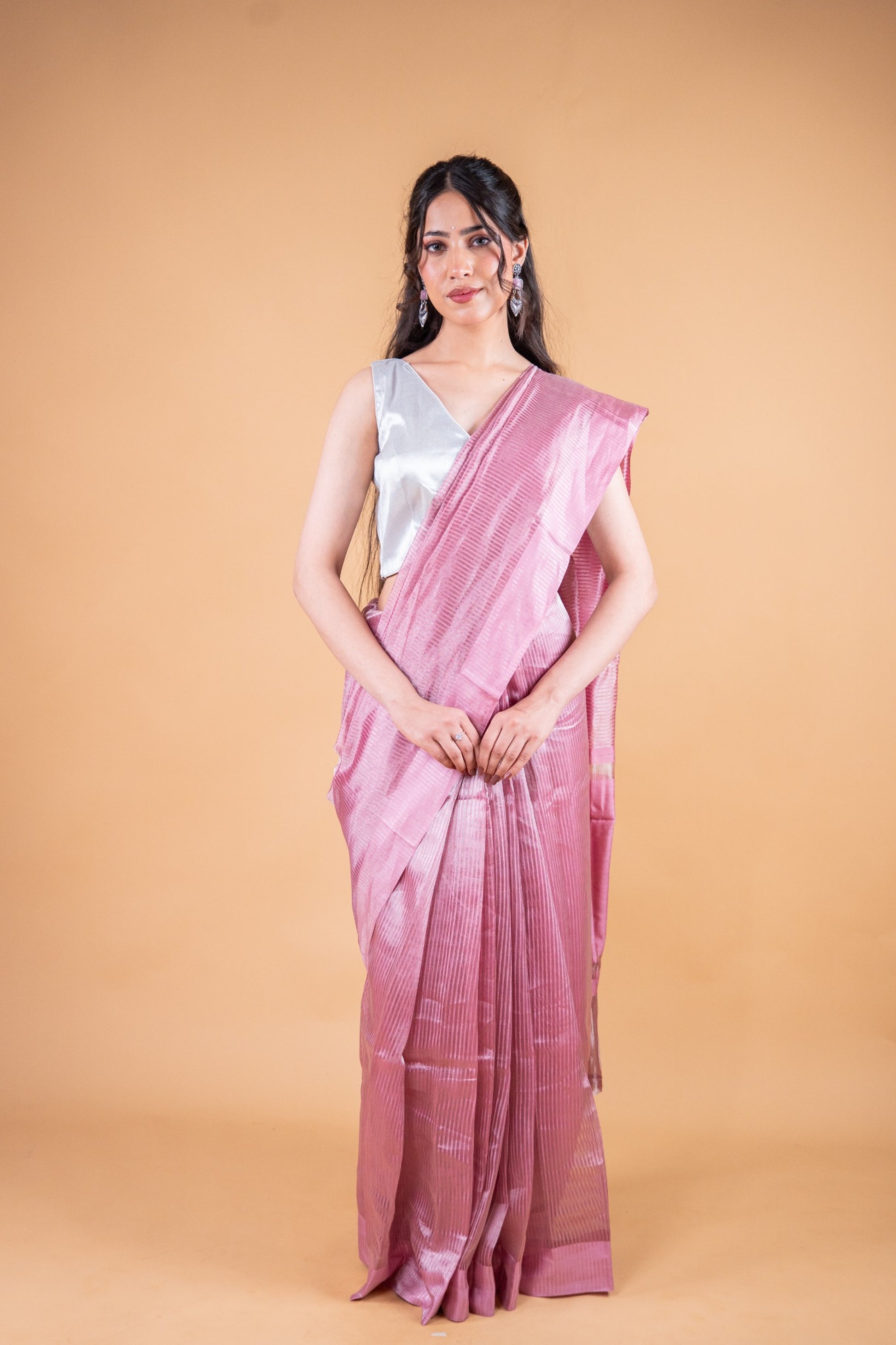 Pink Handwoven Pure Tissue Silk Saree with Zari Stripes - Atulyakarigari