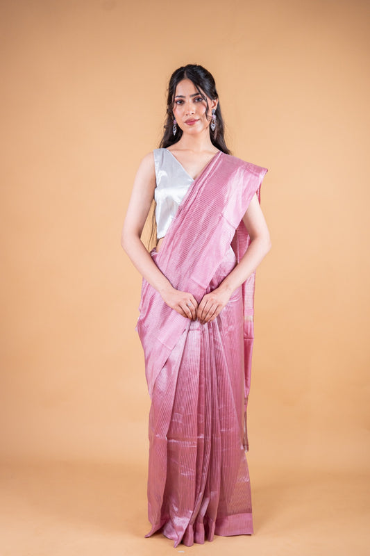 Pink Handwoven Pure Tissue Silk Saree with Zari Stripes - Atulyakarigari