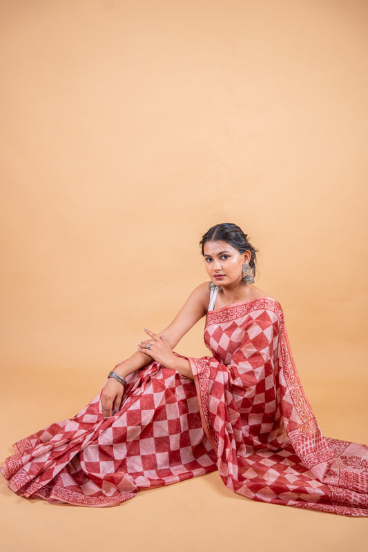 Brown Handwoven Pure Matka Silk Saree with Hand Block Print - Atulyakarigari