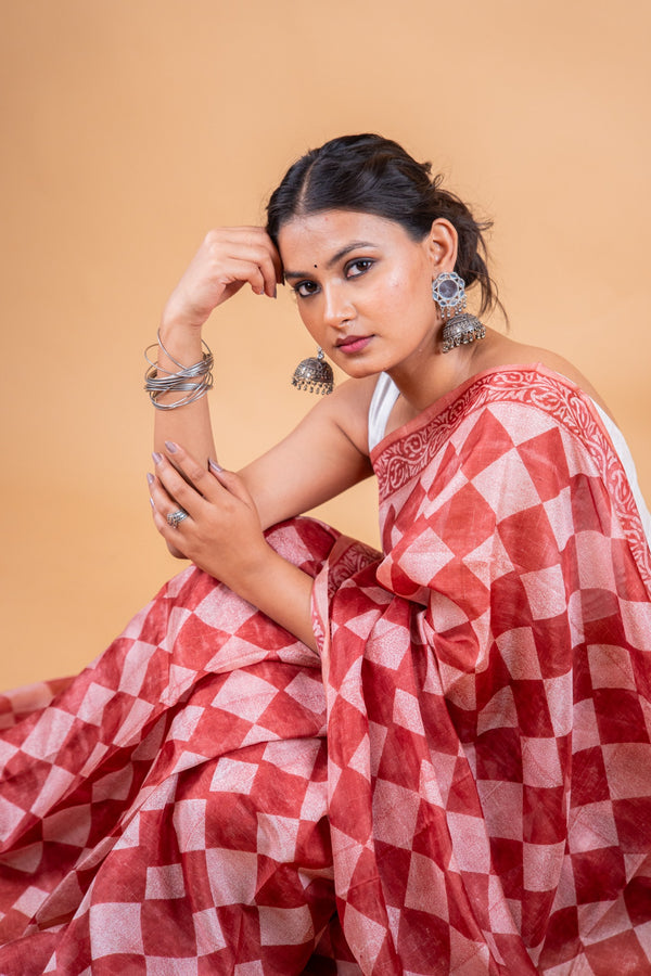 Brown Handwoven Pure Matka Silk Saree with Hand Block Print