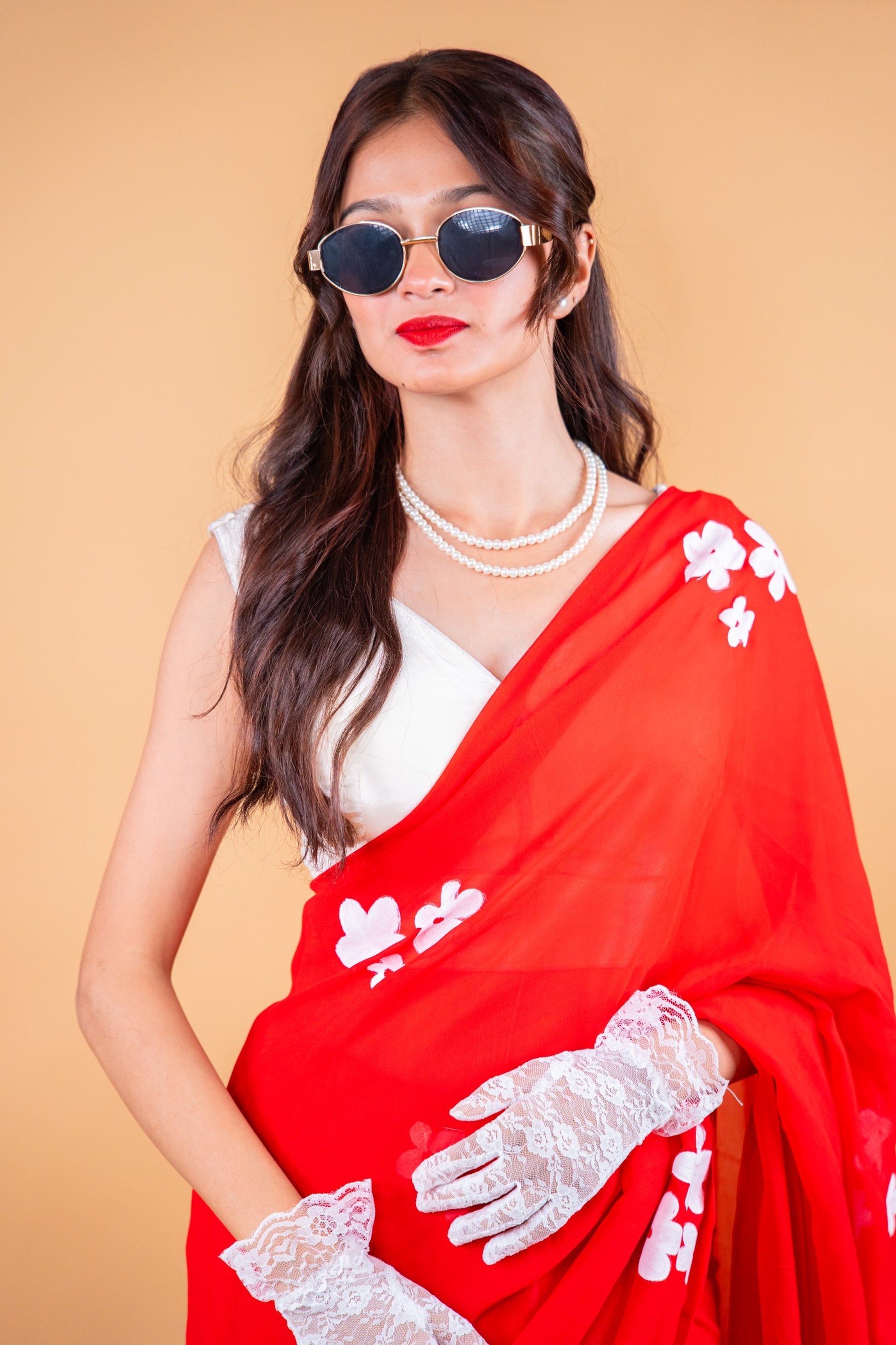 Red Hand-Painted Georgette Saree - Atulyakarigari