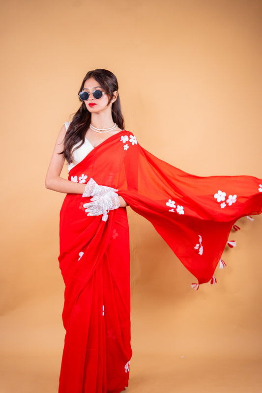Red Hand-Painted Georgette Saree - Atulyakarigari