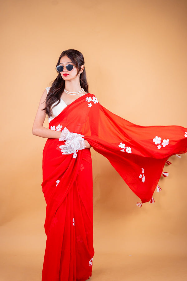 Red Hand-Painted Georgette Saree
