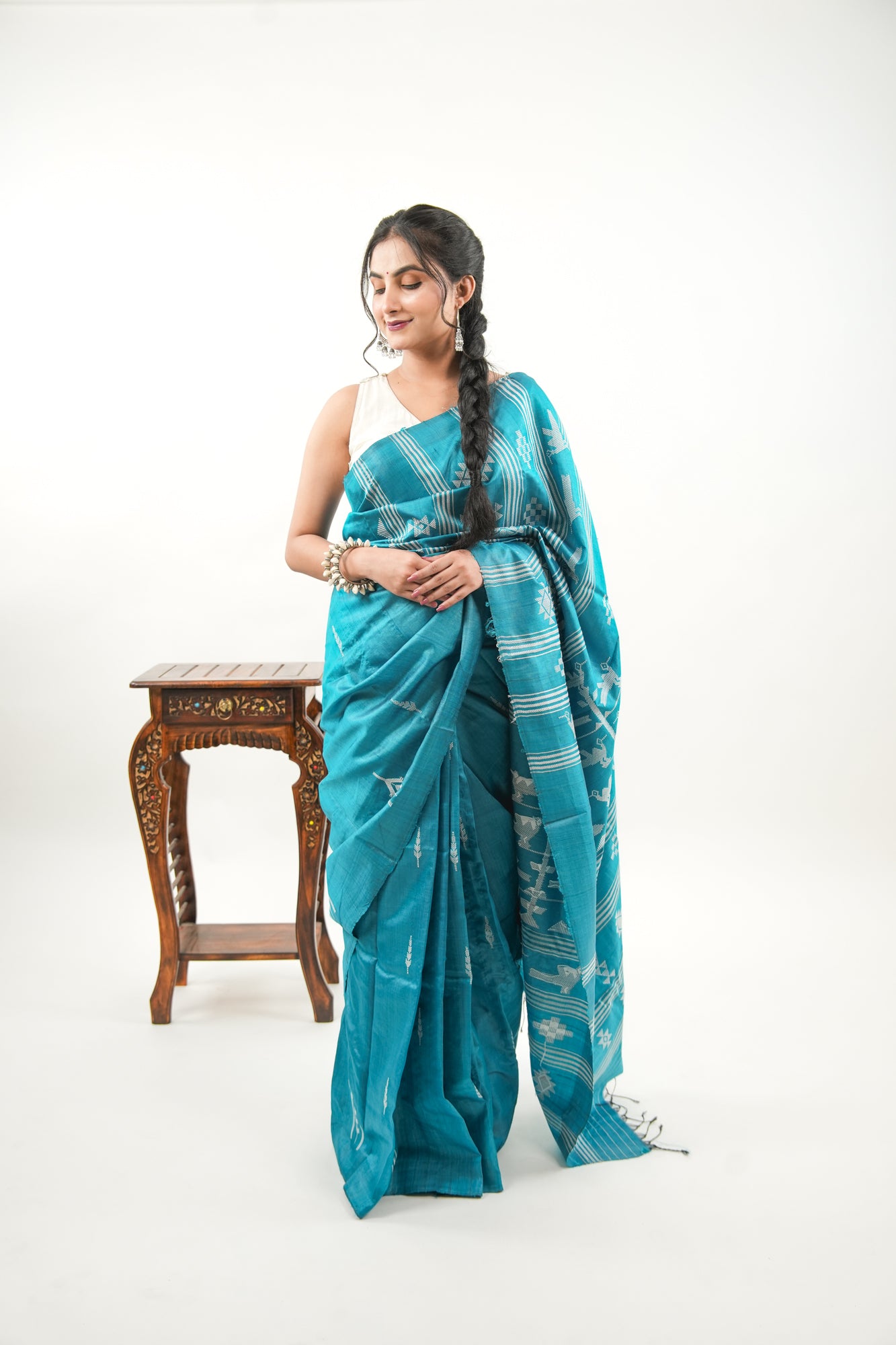 Peacock Teal Tussar Silk Saree with White Tree Ikat