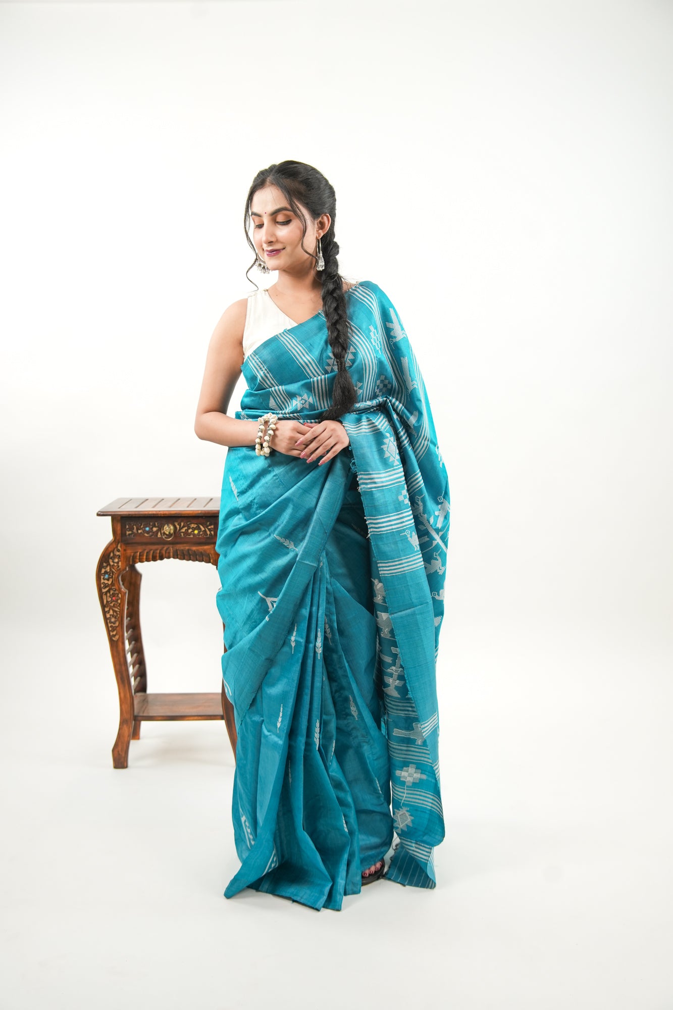 Peacock Teal Tussar Silk Saree with White Tree Ikat