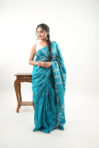 Peacock Teal Tussar Silk Saree with White Tree Ikat