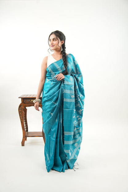 Peacock Teal Tussar Silk Saree with White Tree Ikat