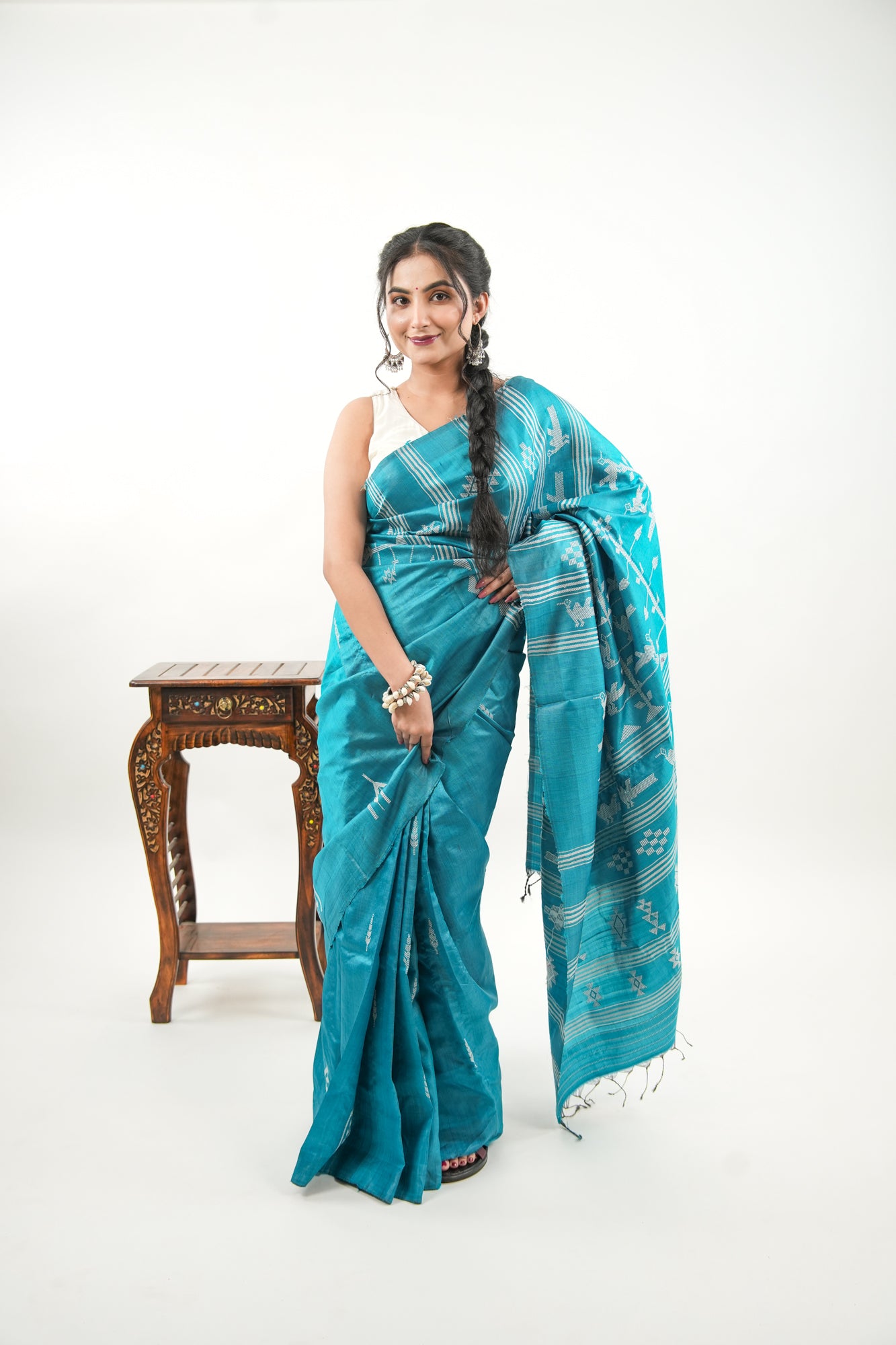 Peacock Teal Tussar Silk Saree with White Tree Ikat