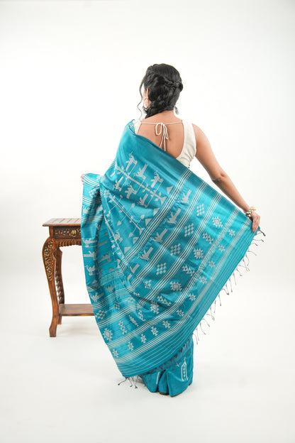 Peacock Teal Tussar Silk Saree with White Tree Ikat