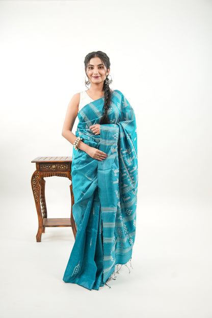 Peacock Teal Tussar Silk Saree with White Tree Ikat