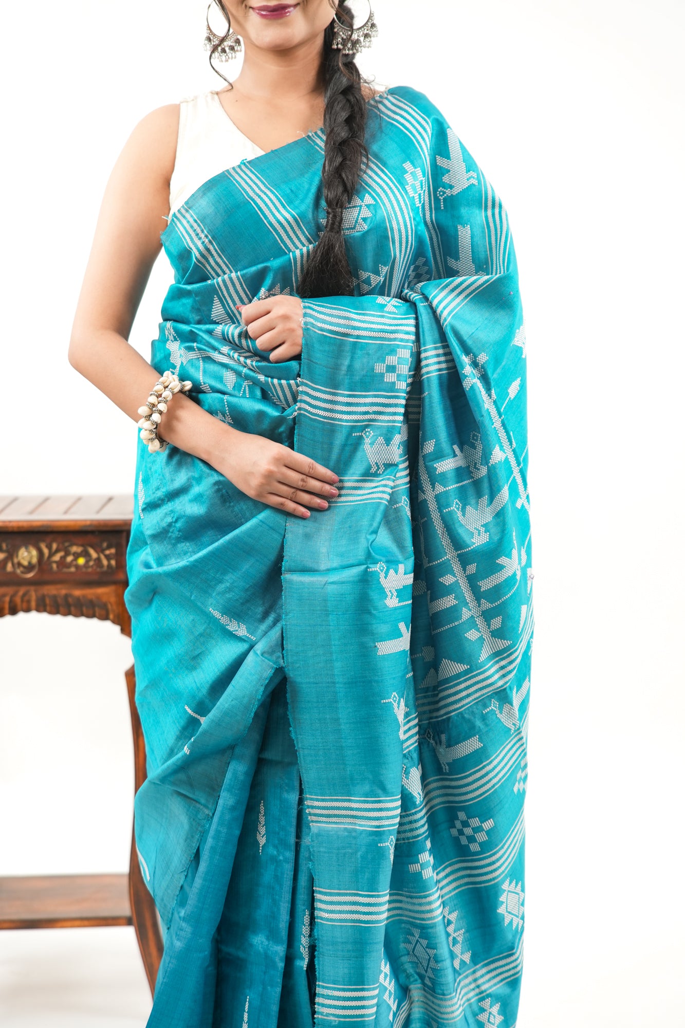 Peacock Teal Tussar Silk Saree with White Tree Ikat