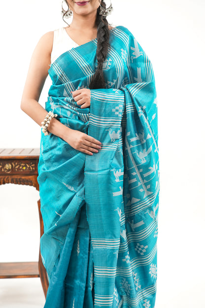 Peacock Teal Tussar Silk Saree with White Tree Ikat