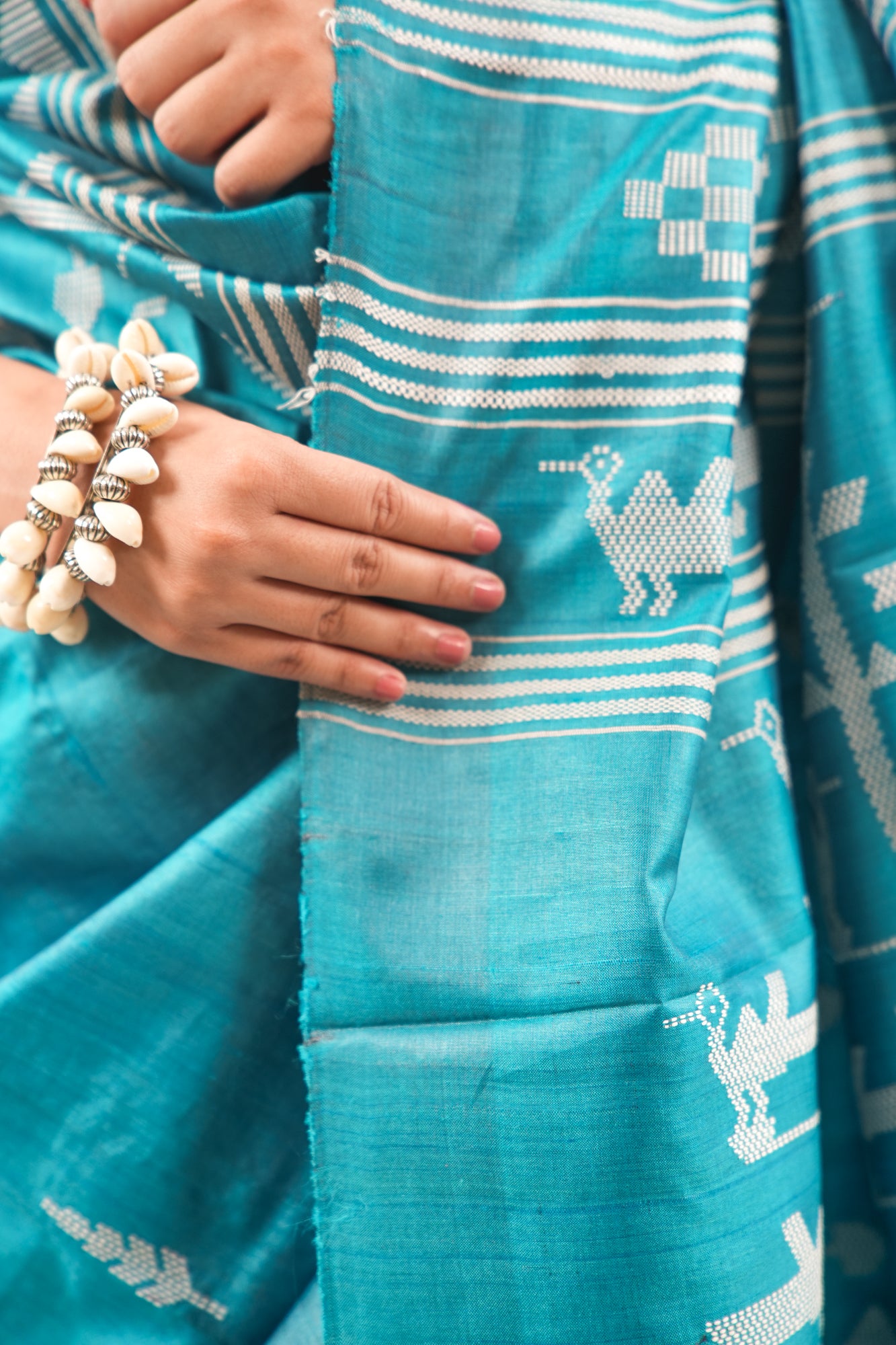Peacock Teal Tussar Silk Saree with White Tree Ikat