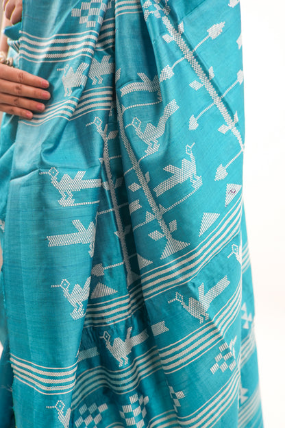 Peacock Teal Tussar Silk Saree with White Tree Ikat