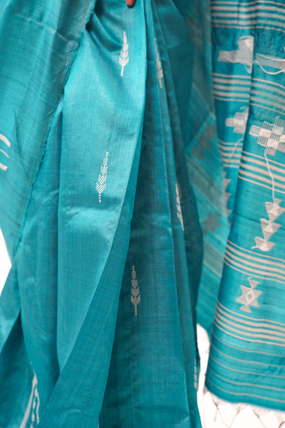 Peacock Teal Tussar Silk Saree with White Tree Ikat