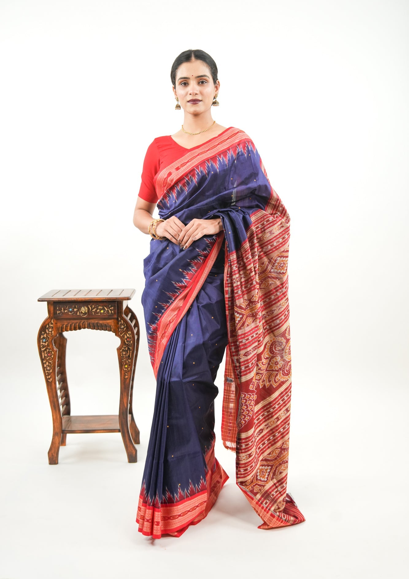 Navy Blue Khandua Silk Saree with Red Narrative Ikat Border