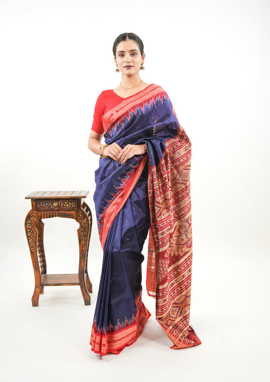 Navy Blue Khandua Silk Saree with Red Narrative Ikat Border
