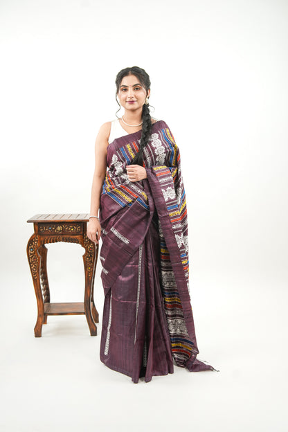 Burgundy Tussar Silk Saree with White Geometric Border