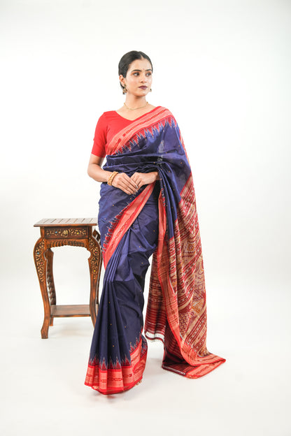Navy Blue Khandua Silk Saree with Red Narrative Ikat Border