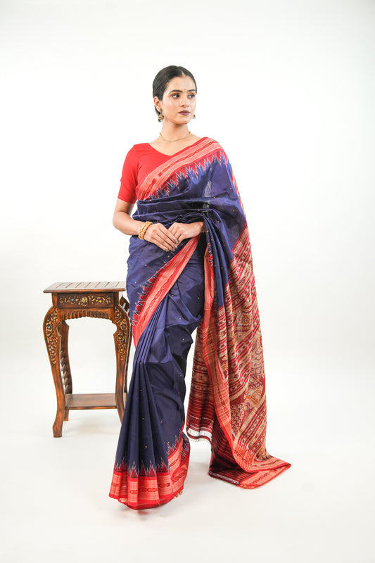Navy Blue Khandua Silk Saree with Red Narrative Ikat Border