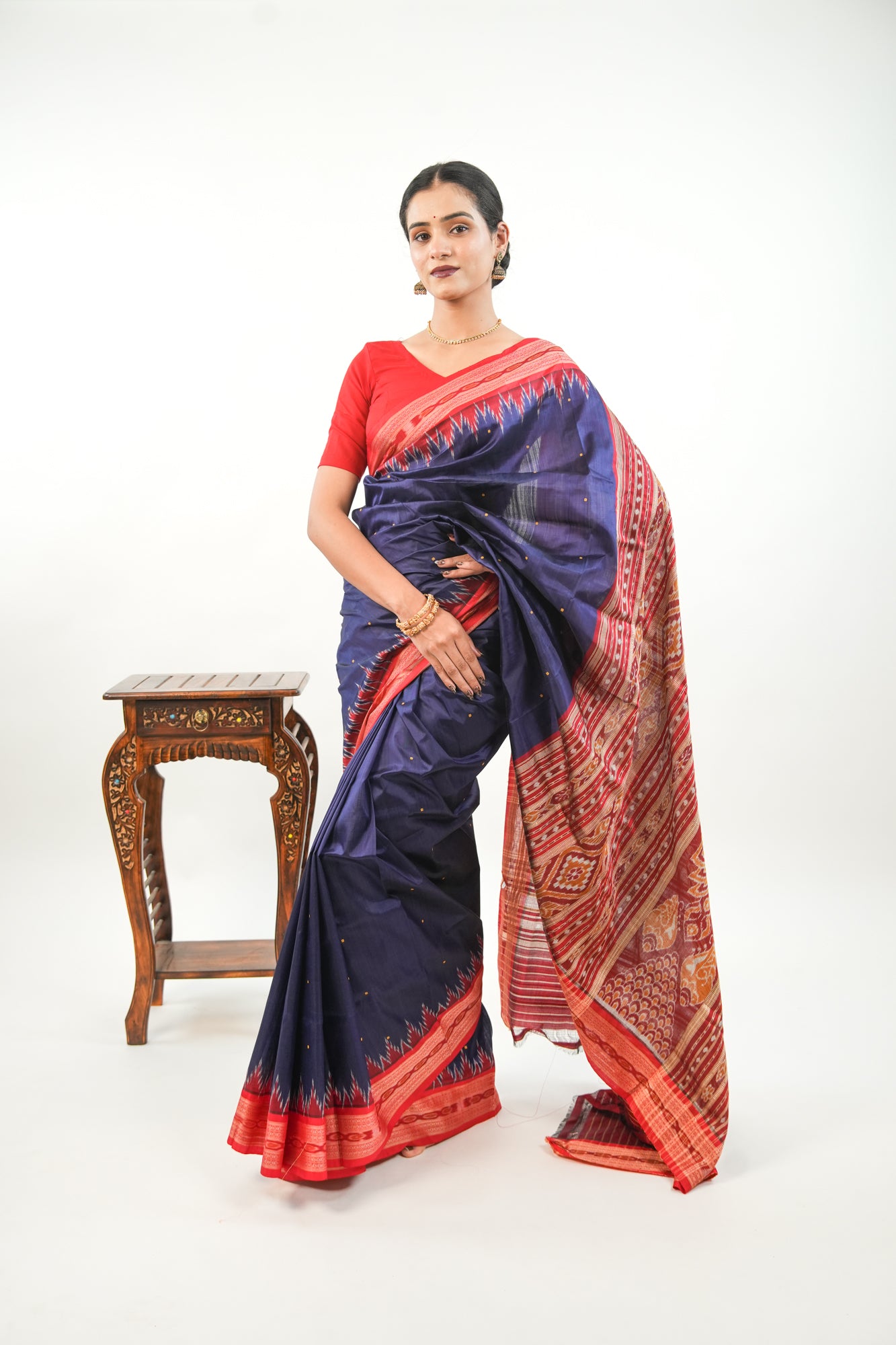 Navy Blue Khandua Silk Saree with Red Narrative Ikat Border