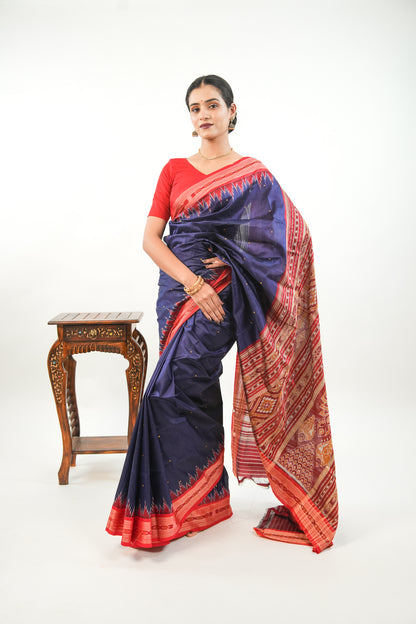 Navy Blue Khandua Silk Saree with Red Narrative Ikat Border