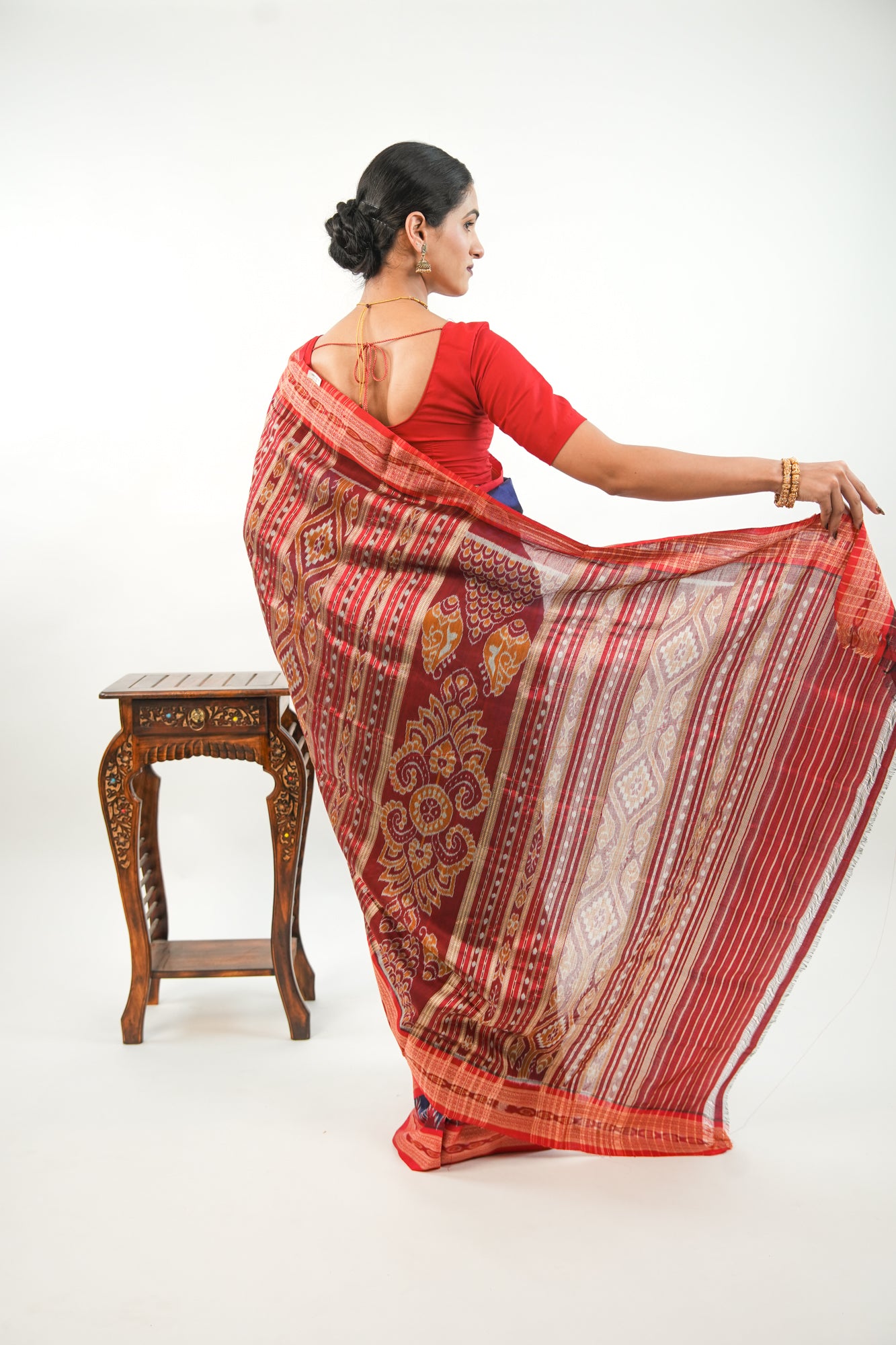 Navy Blue Khandua Silk Saree with Red Narrative Ikat Border