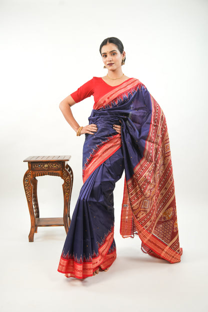 Navy Blue Khandua Silk Saree with Red Narrative Ikat Border