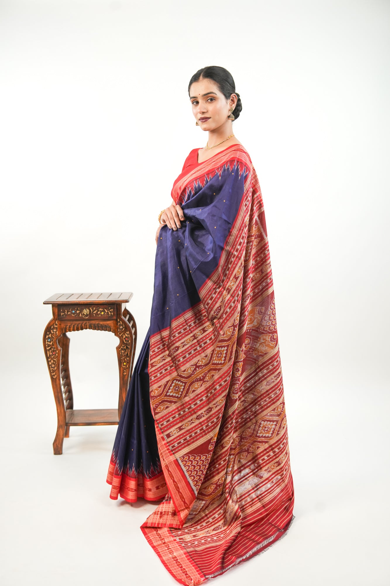 Navy Blue Khandua Silk Saree with Red Narrative Ikat Border