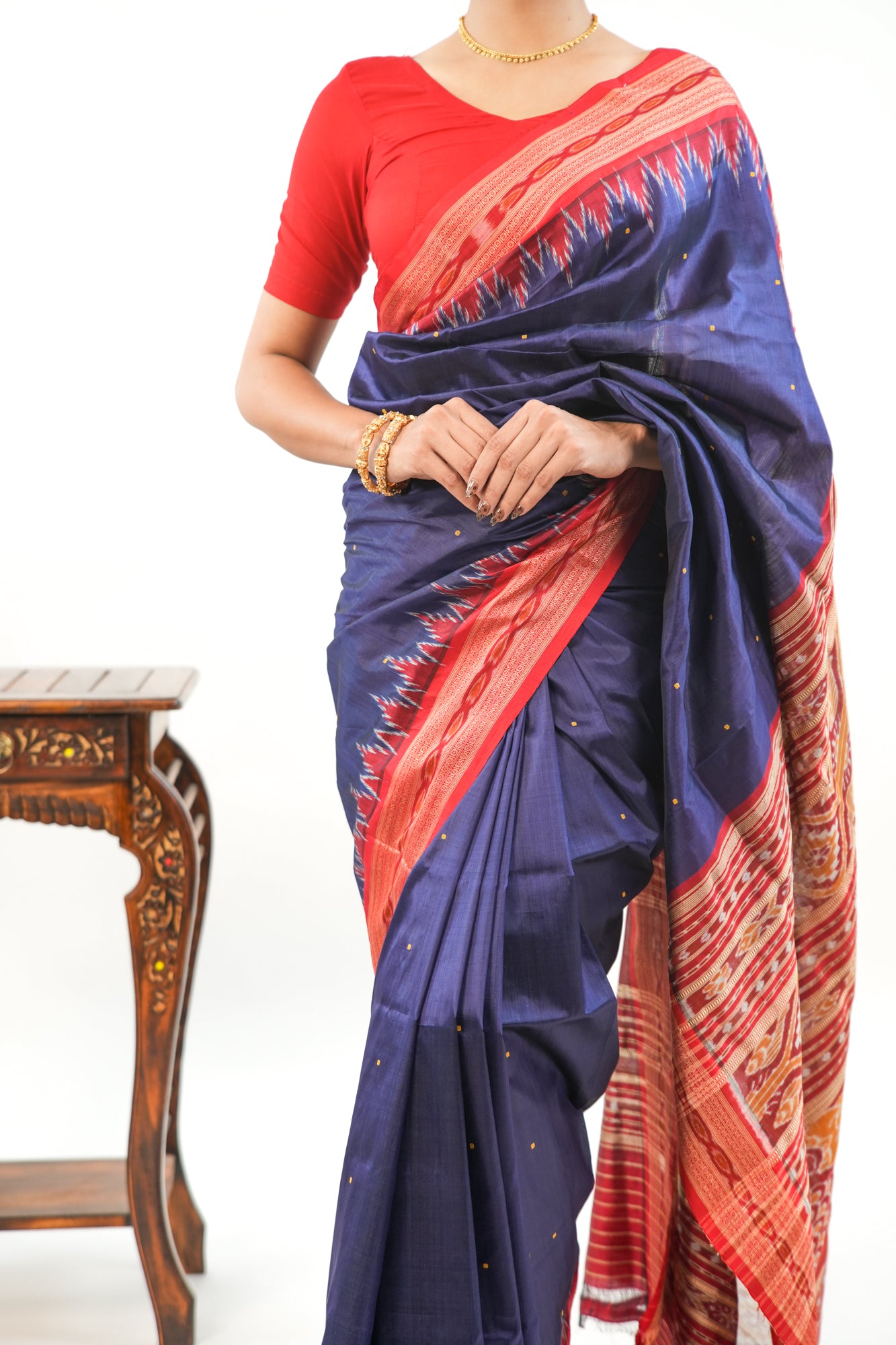 Navy Blue Khandua Silk Saree with Red Narrative Ikat Border