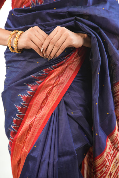 Navy Blue Khandua Silk Saree with Red Narrative Ikat Border