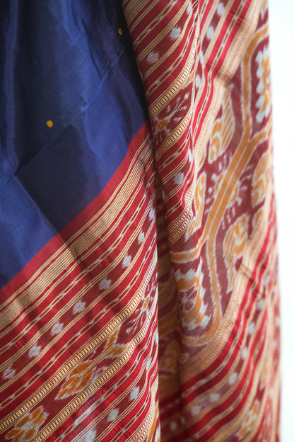 Navy Blue Khandua Silk Saree with Red Narrative Ikat Border