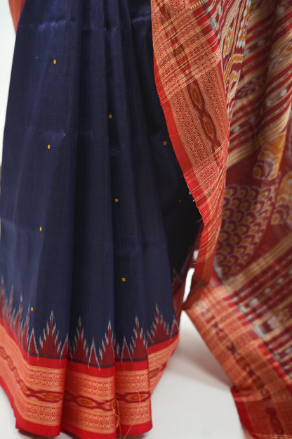 Navy Blue Khandua Silk Saree with Red Narrative Ikat Border