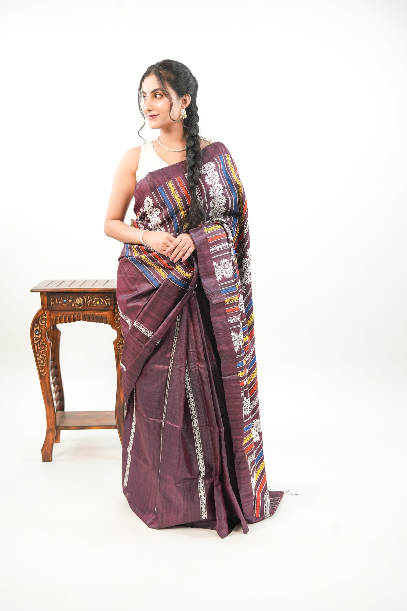 Burgundy Tussar Silk Saree with White Geometric Border