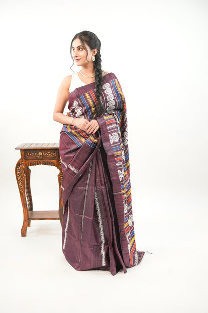 Burgundy Tussar Silk Saree with White Geometric Border