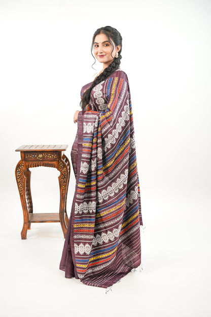 Burgundy Tussar Silk Saree with White Geometric Border